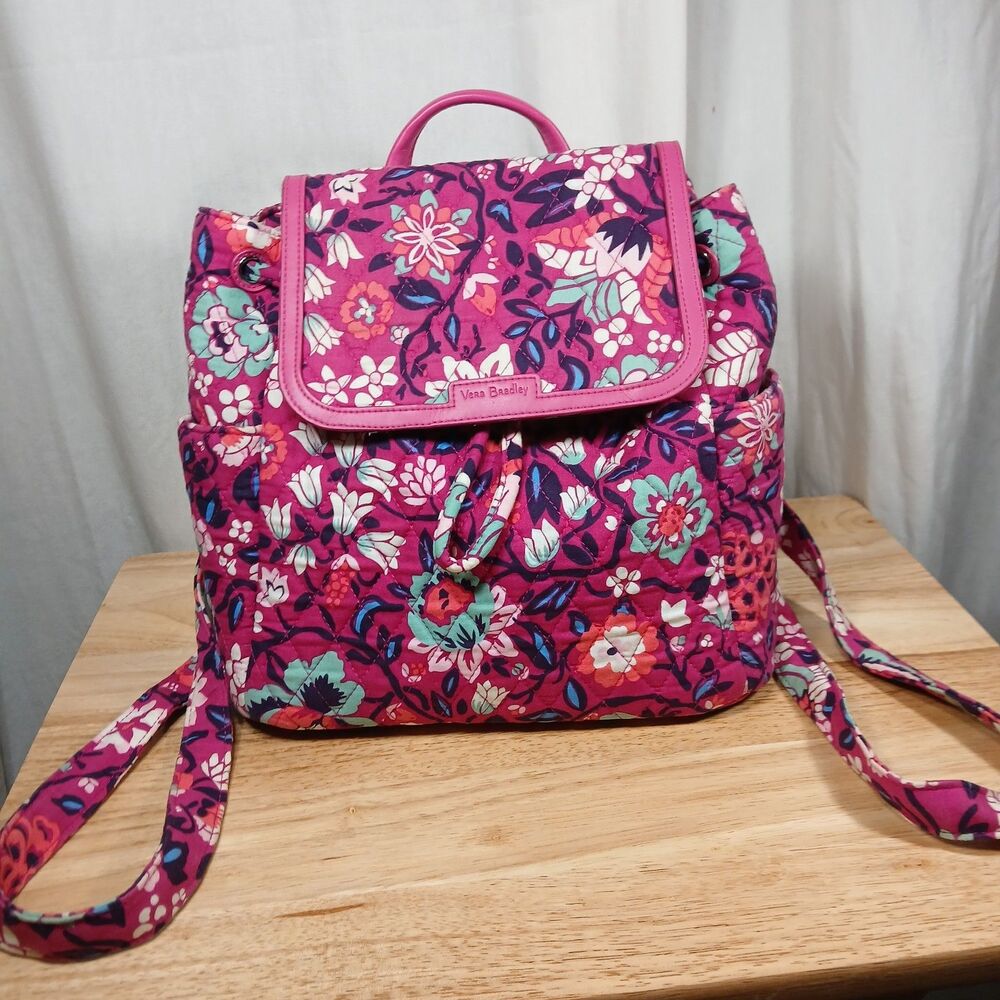 Vera Bradley Bloom Berry Floral Backpack Silver Toned Hardware 10"×10"×5"